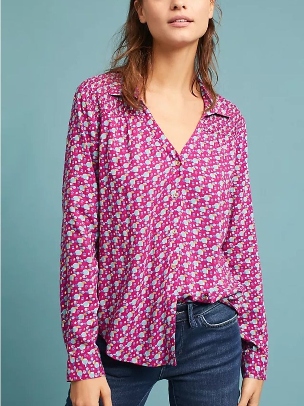 Anthropologie Maeve Amara Colorful Print Long Sleeve Top Boho Artsy Size 6